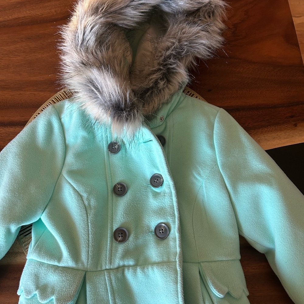 Cat & Jack Turquoise Pea Coat with Faux Fur Collar - Picture 3 of 7